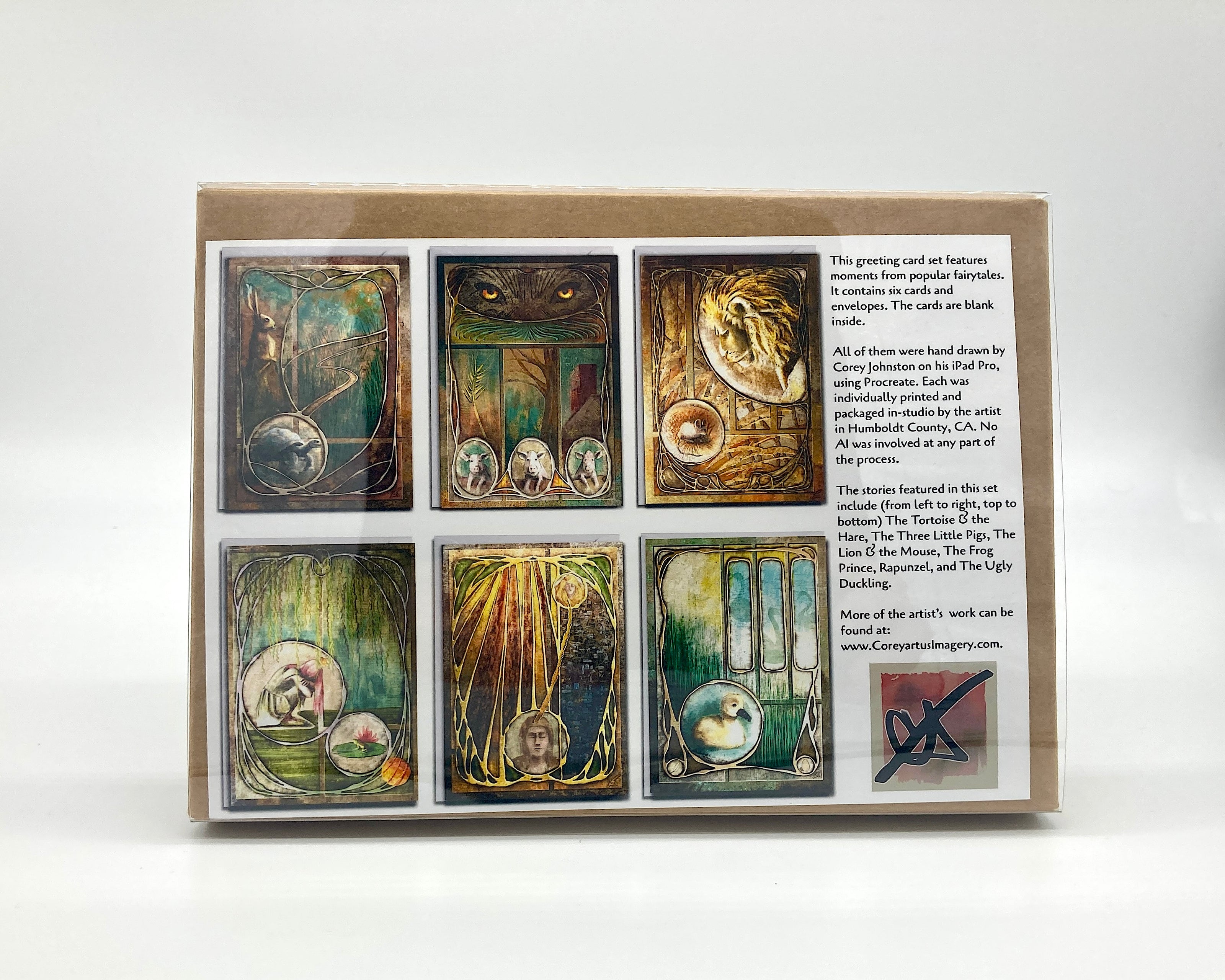 Product photograph of a set of six illustrated greeting cards in cardboard box with a clear plastic sleeve, posed against a white background.