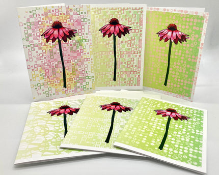 Set of greeting cards with pink flower design on a white background