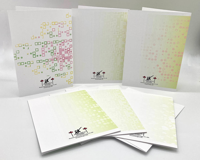 Backside of six greeting cards with geometric designs and branding on a white background