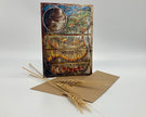 Decorative greeting card with artistic design and wheat stalks on a white background