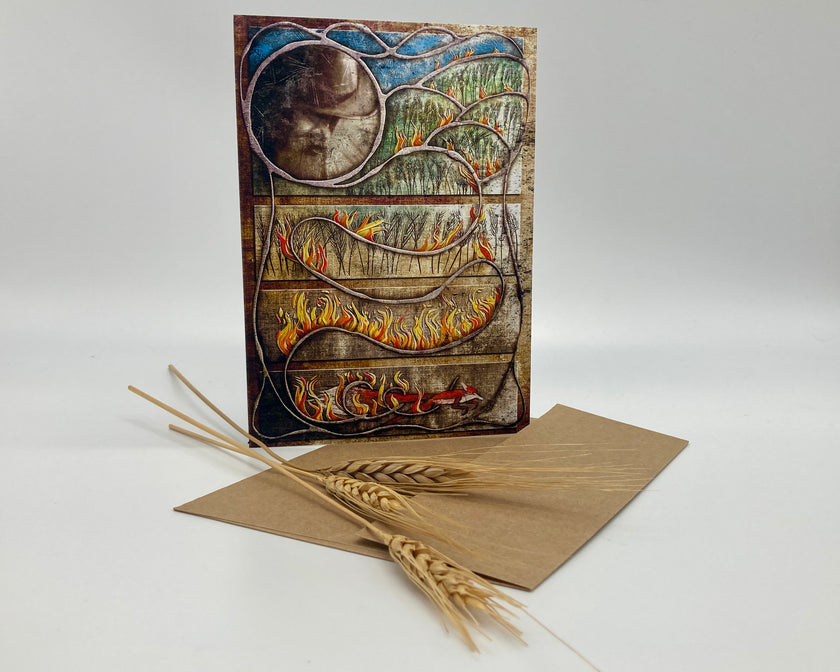 Decorative greeting card with artistic design and wheat stalks on a white background
