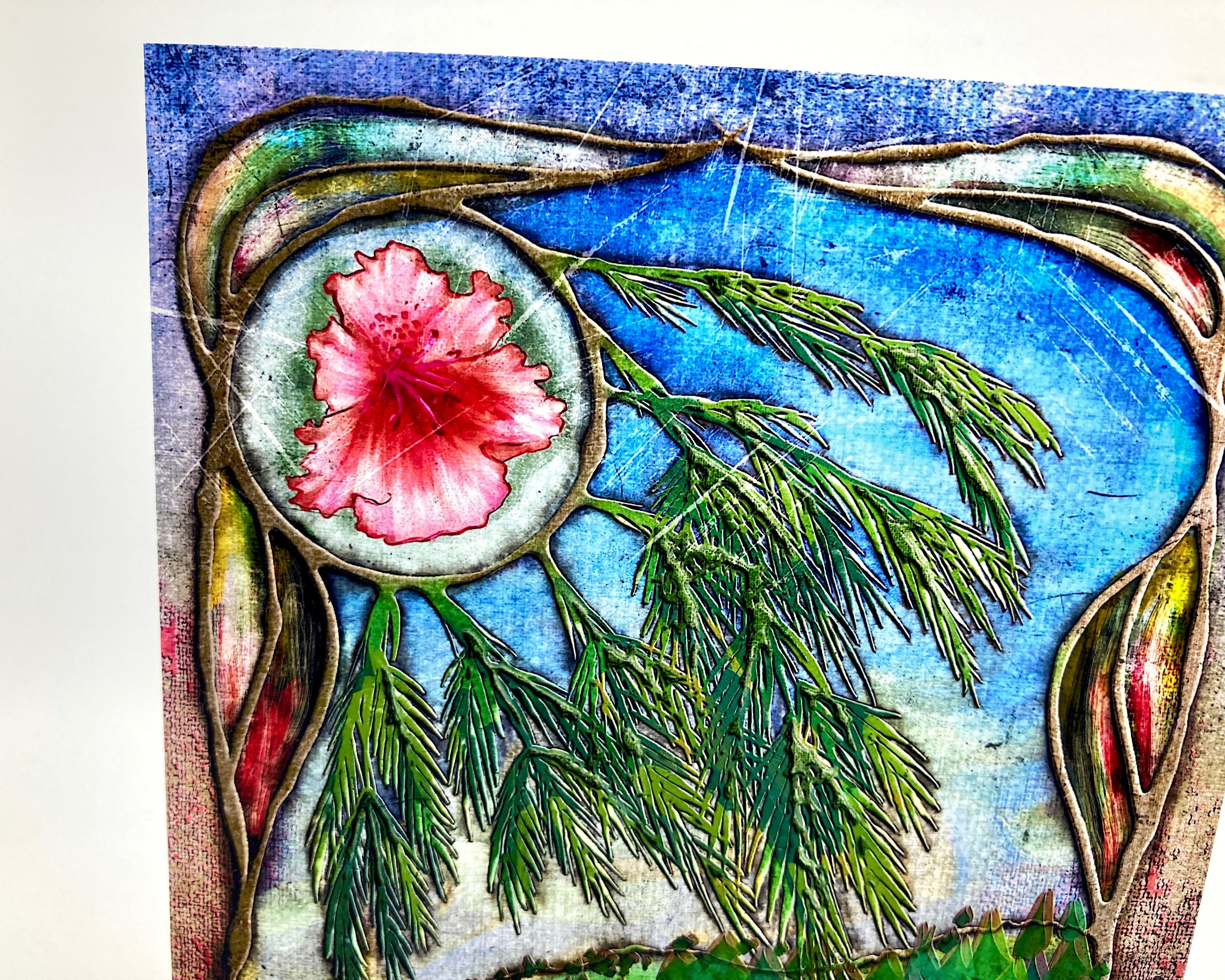 Artistic depiction of a pink flower within a circular design, surrounded by green leaves on a textured blue background.