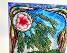 Artistic depiction of a pink flower within a circular design, surrounded by green leaves on a textured blue background.