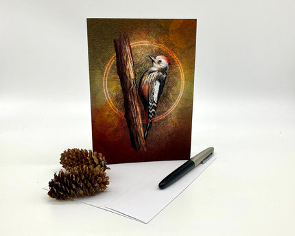 Greeting card with a woodpecker illustration on a branch, accompanied by a pen and pine cone on a white background.
