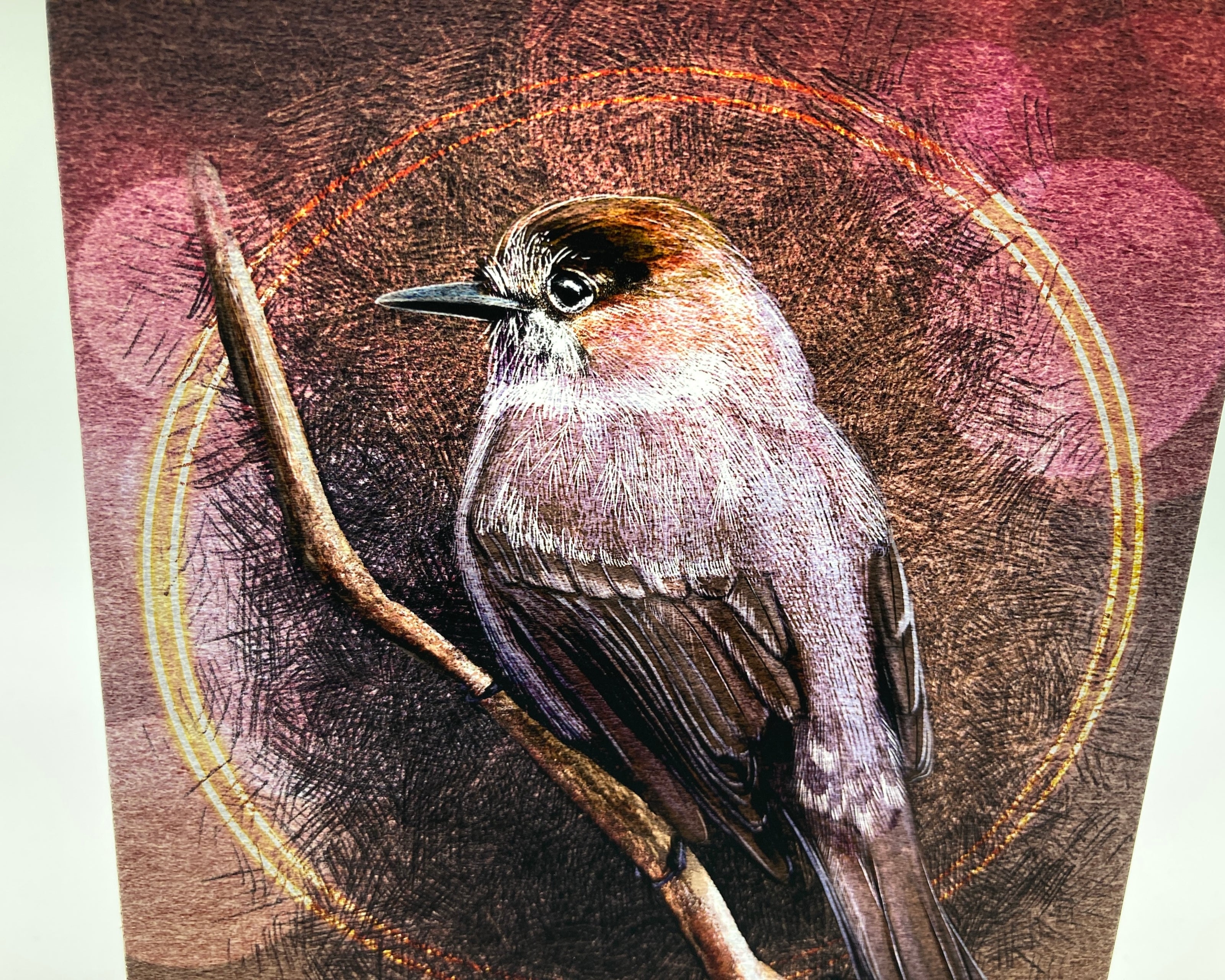 Illustration of a bird on a branch with a circular design in the background