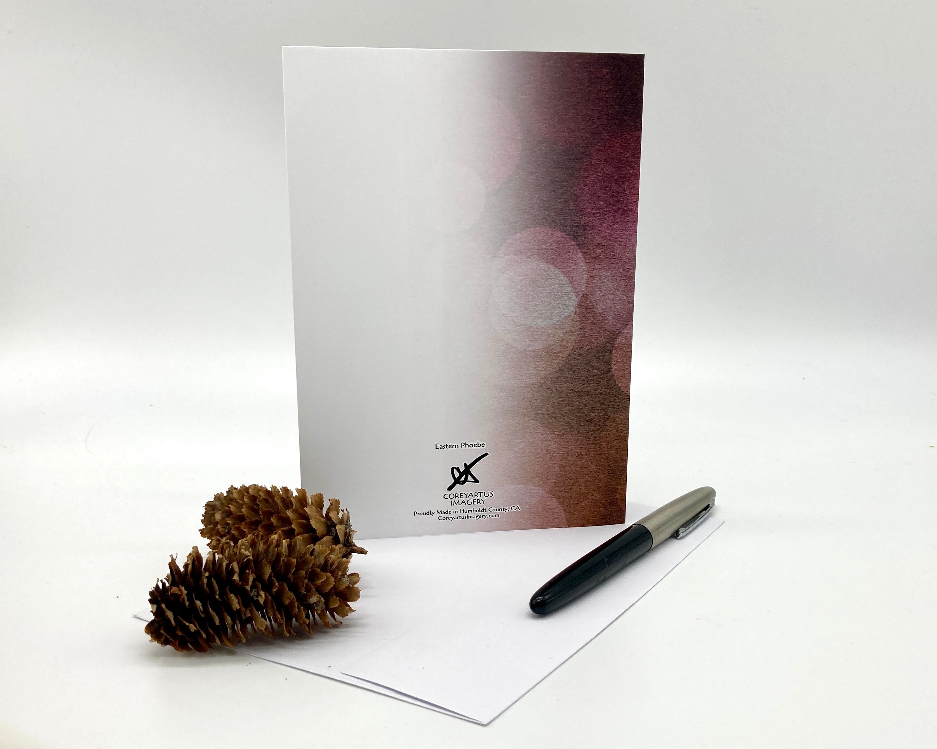 Notebook with a pen and pine cone on a white background