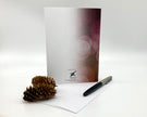 Notebook with a pen and pine cone on a white background