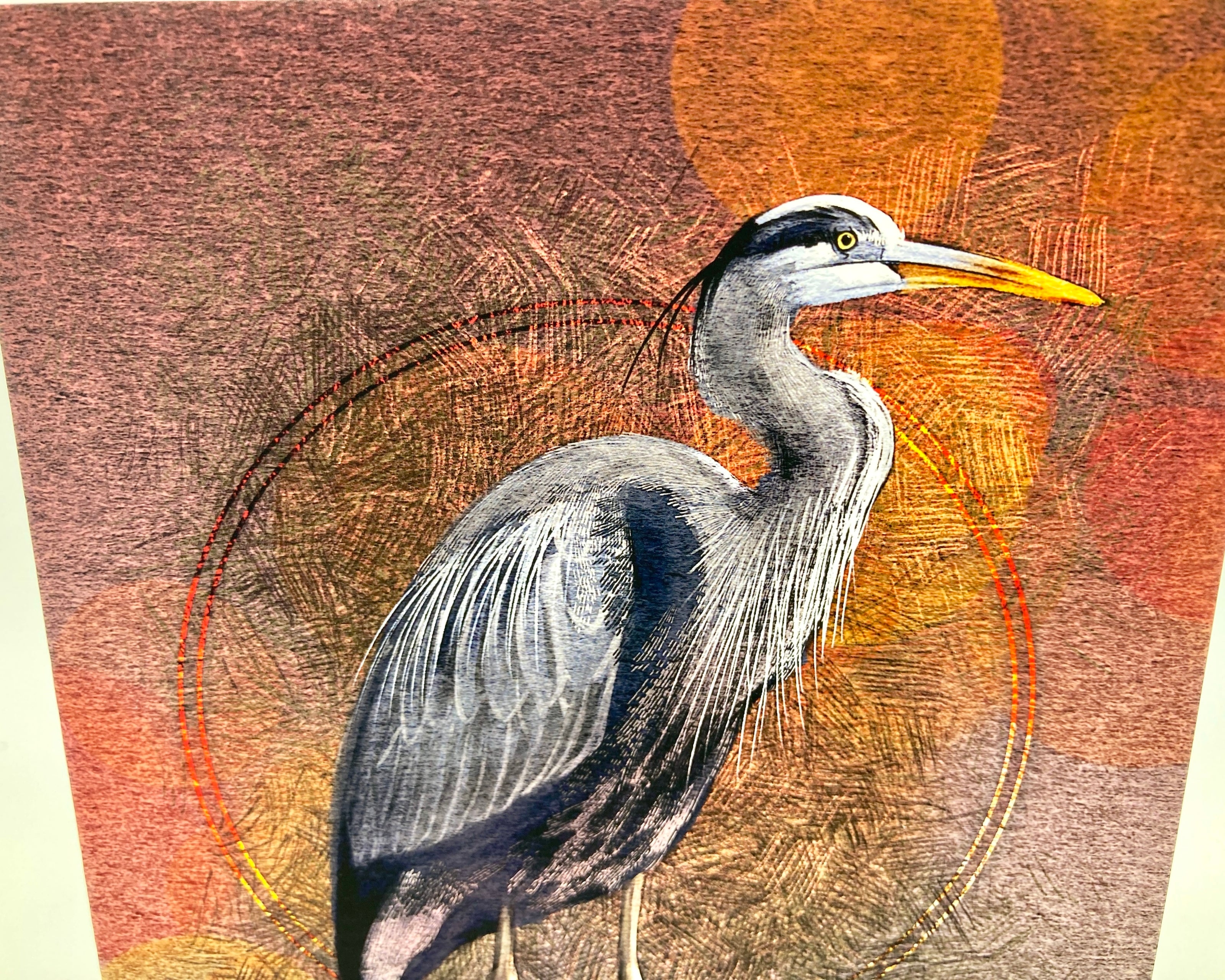 Illustration of a heron on a textured brown and orange background