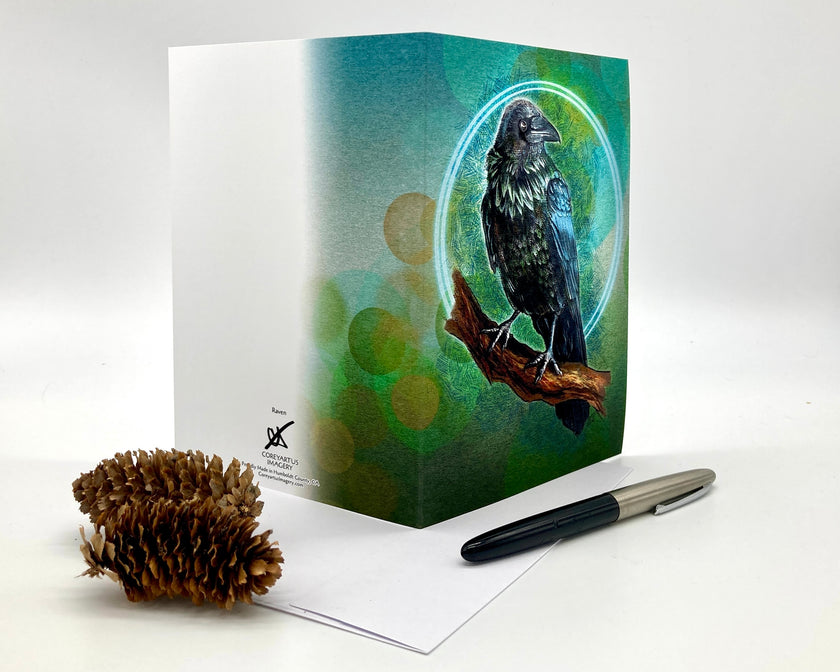 Greeting card with a raven design on a white background
