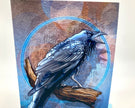 Artistic depiction of a raven on a textured background
