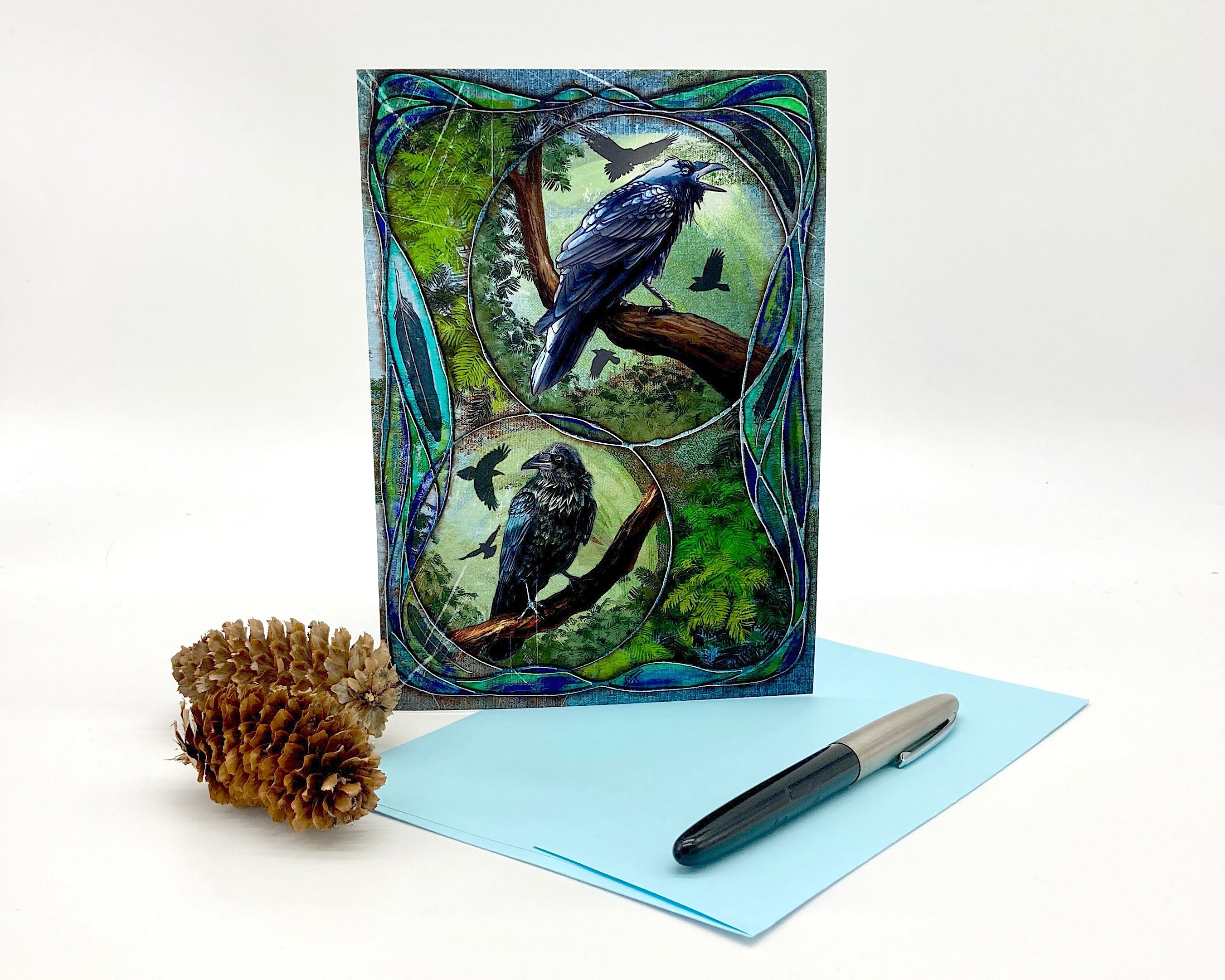 Decorative greeting card with bird design on a white background