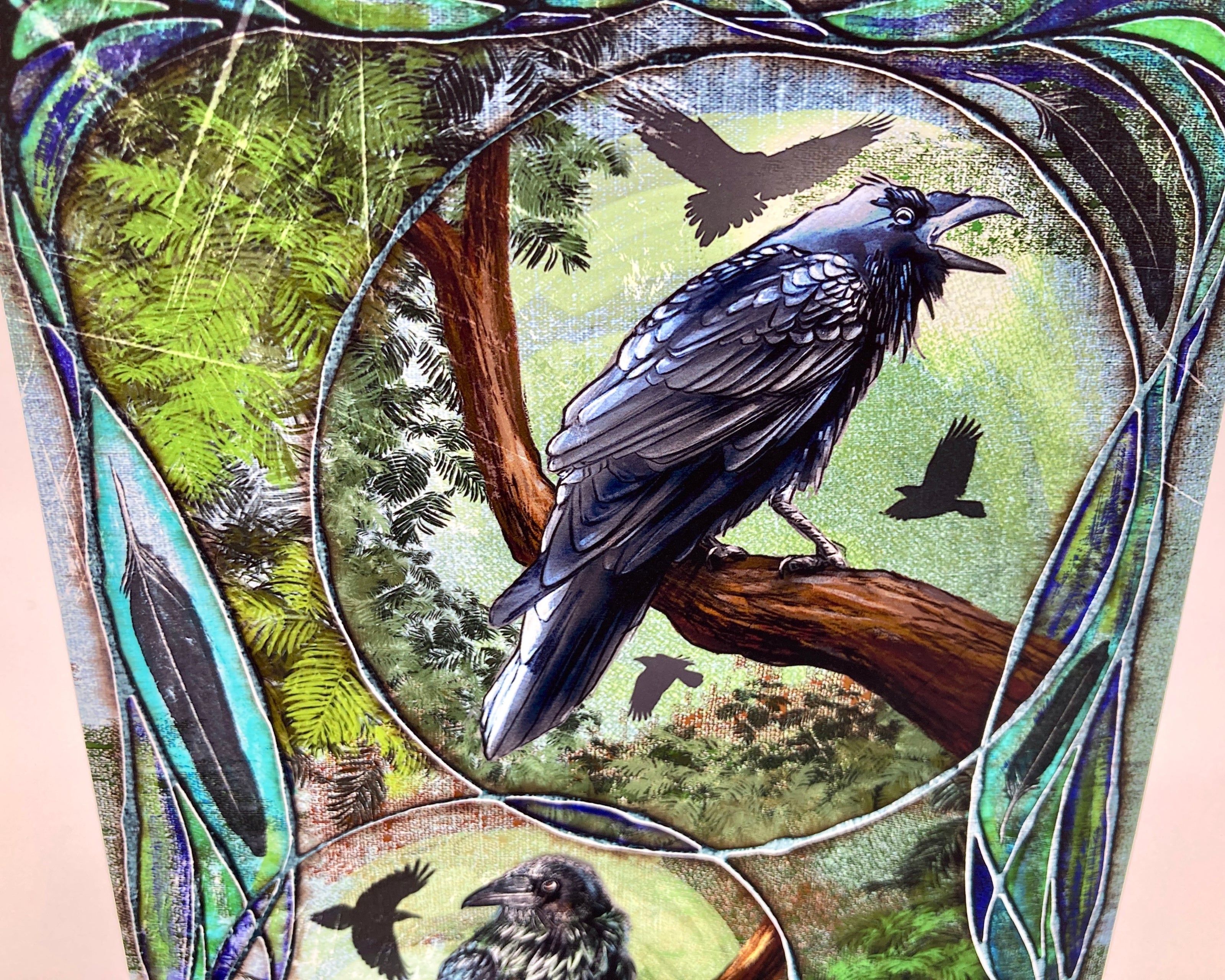 Decorative fabric with a raven design and nature elements