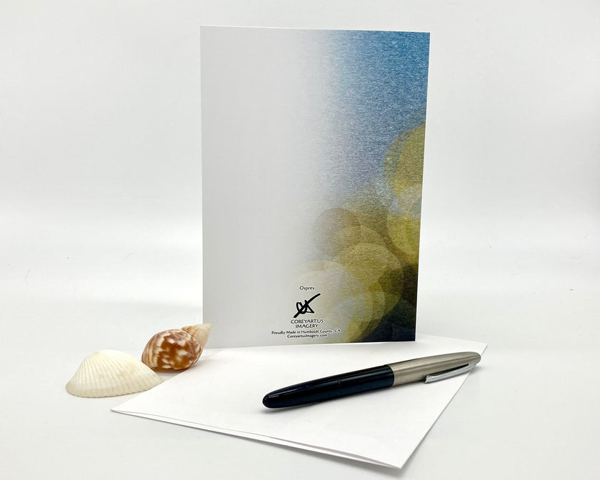 Greeting card with a pen and shells on a white background