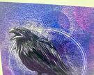 Artistic drawing of a raven on a textured purple and blue background
