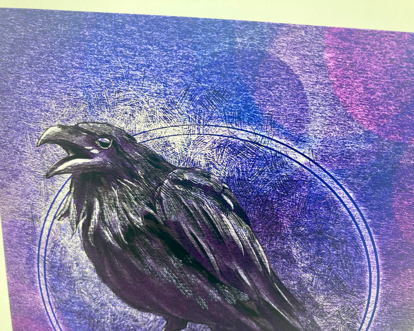 Artistic drawing of a raven on a textured purple and blue background