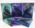 Set of six greeting cards featuring raven illustrations on a white background