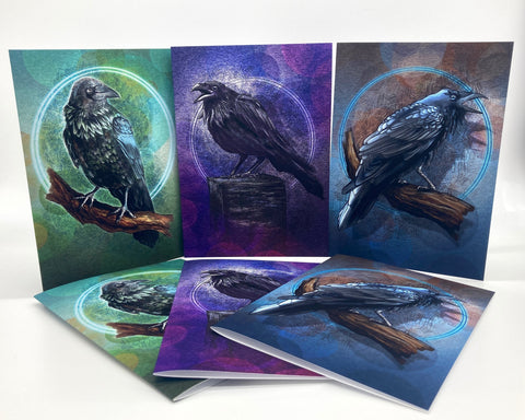Set of six greeting cards featuring raven illustrations on a white background