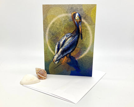 Greeting card with a pelican illustration on a white background