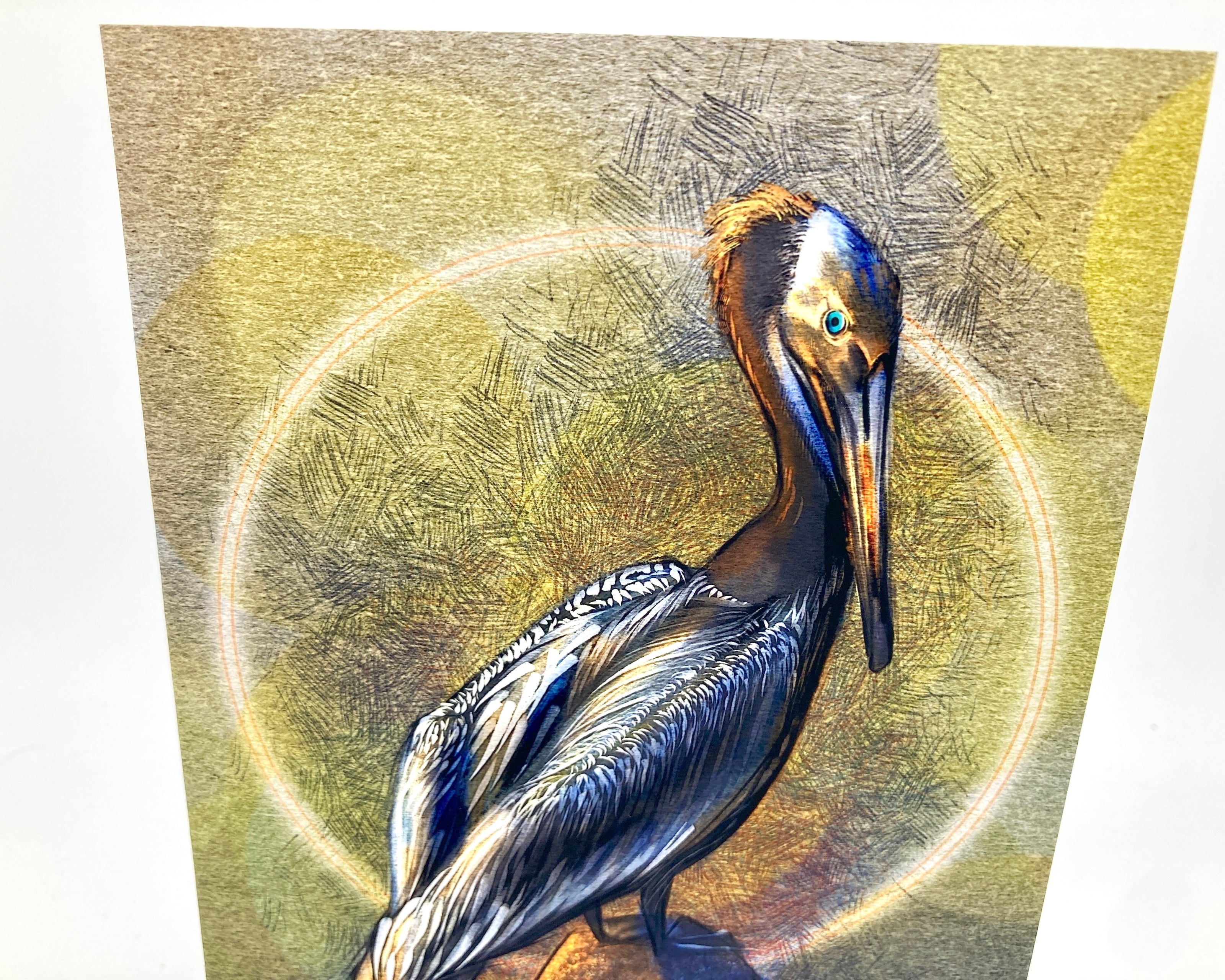 Artistic depiction of a pelican with a textured background