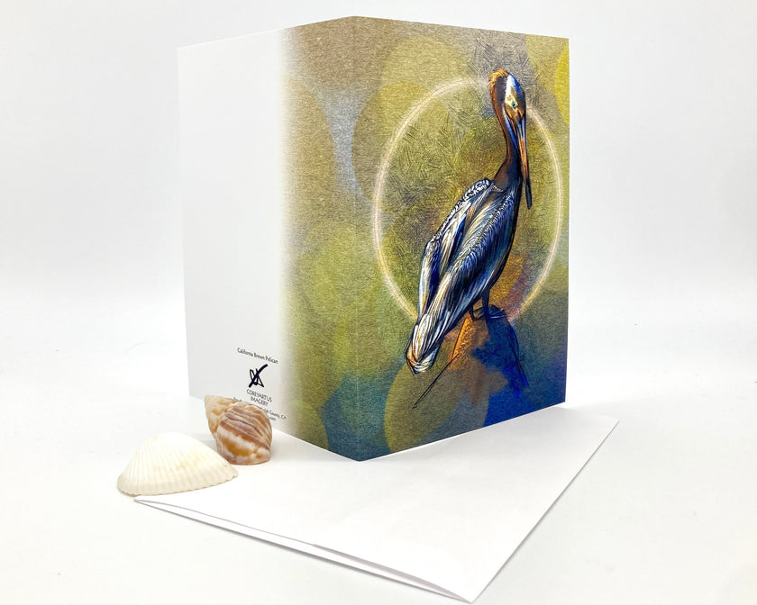 Greeting card with a pelican design on a white background