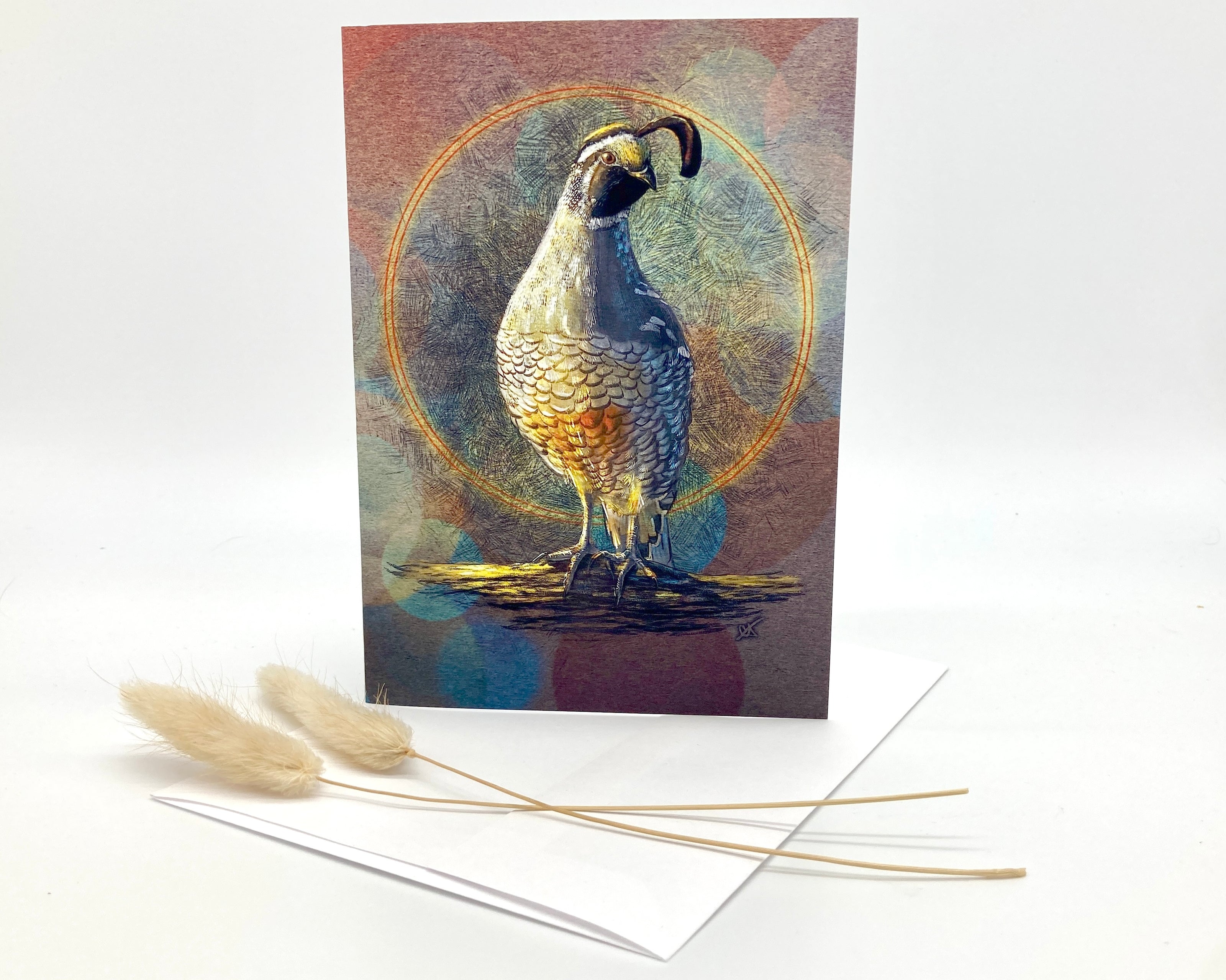 Greeting card with a quail illustration on a white background