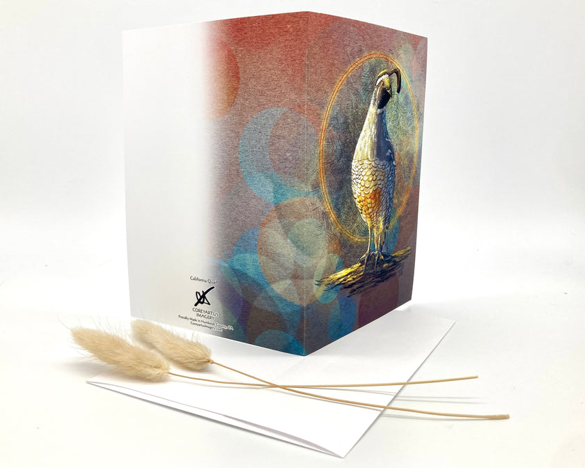 Open greeting card with a bird design on a white background