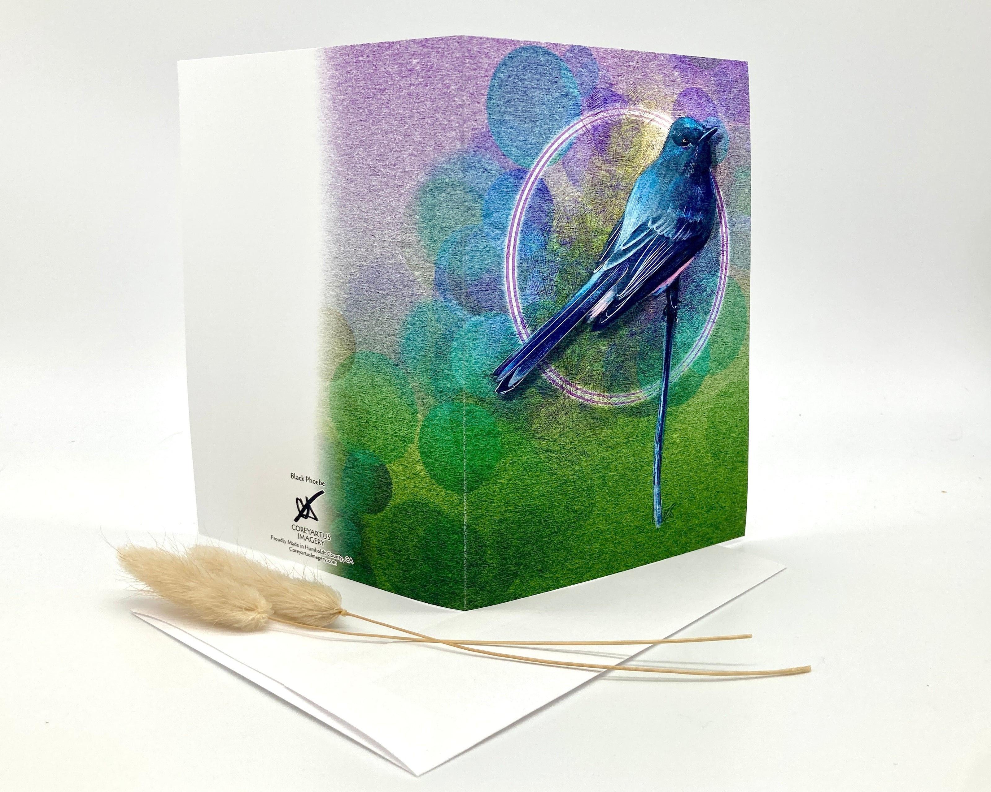 Greeting card with a blue bird design on a white background
