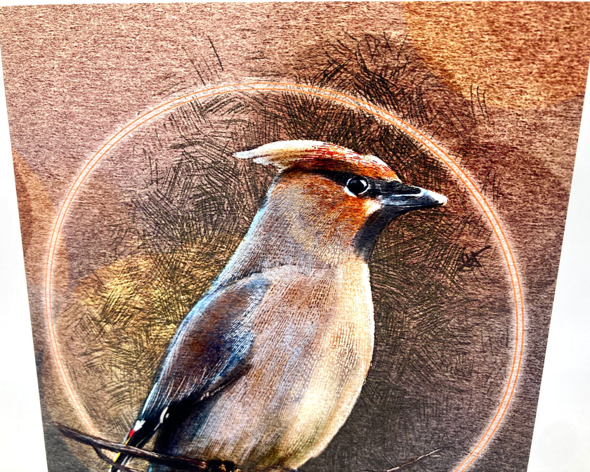 Artistic depiction of a bird with a textured brown background