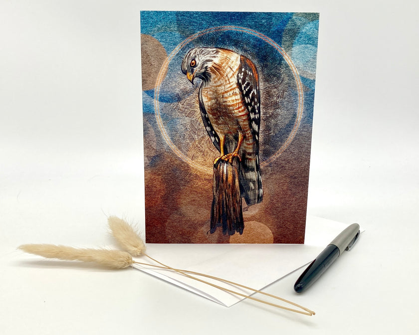 Card with a hawk illustration on a white background with decorative elements.