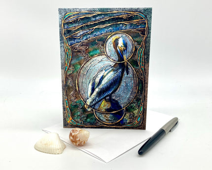 Decorative greeting card with a stylized bird design on a white background