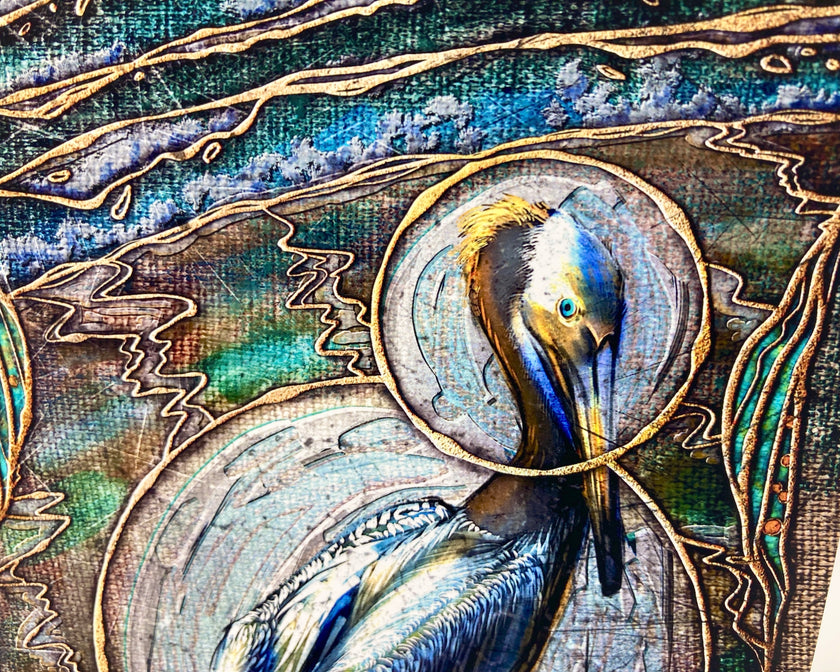Artistic depiction of a pelican with intricate patterns and textures