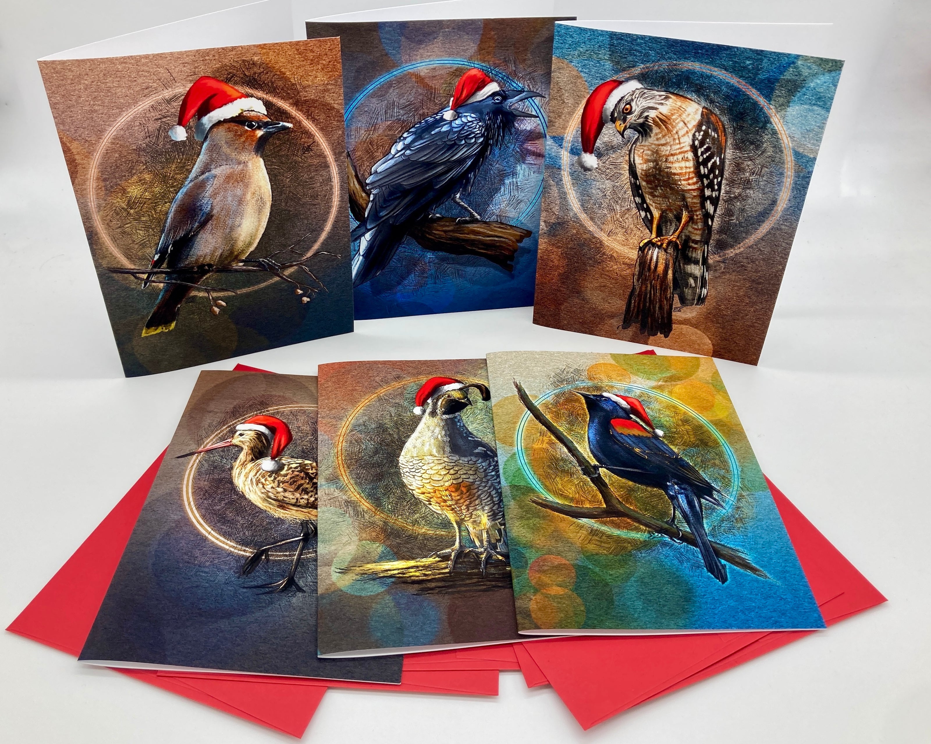 Set of greeting cards with bird illustrations wearing Santa hats on a white background.