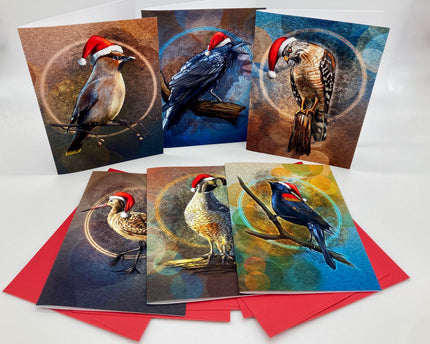 Set of greeting cards with bird illustrations wearing Santa hats on a white background.