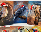Set of greeting cards with birds wearing Santa hats on a white background