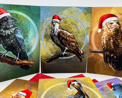 Set of greeting cards with birds wearing Santa hats on a white background