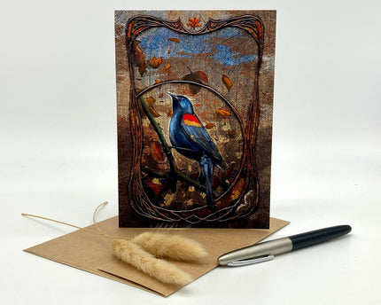 Decorative greeting card with a bird illustration on a white background
