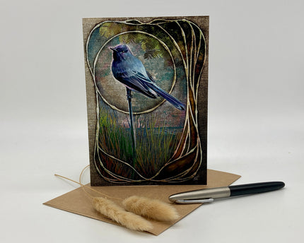 Greeting card with a blue bird design on a white background