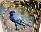 Artistic depiction of a bird on a textured background with circular patterns
