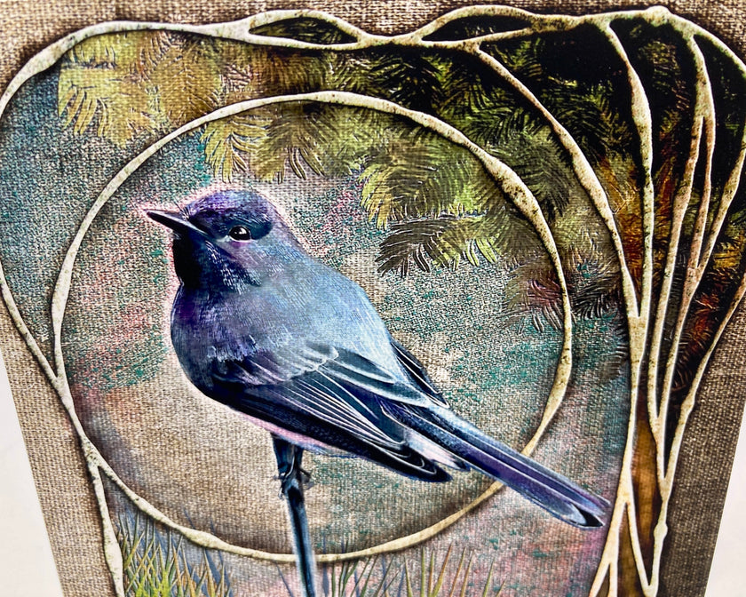 Artistic depiction of a bird on a textured background with circular patterns