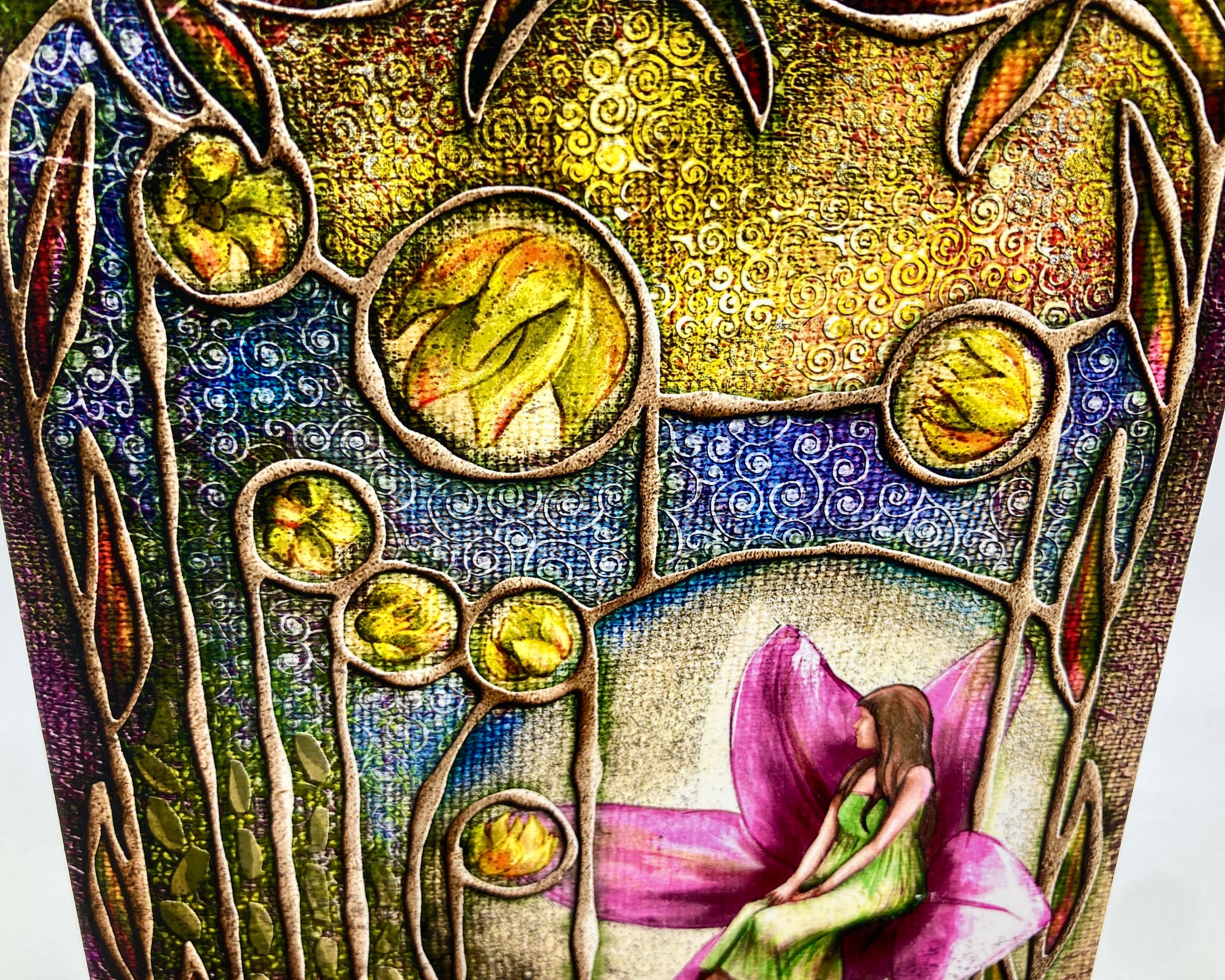 Artistic depiction of a fairy among flowers with a colorful, textured background