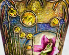 Artistic depiction of a fairy among flowers with a colorful, textured background