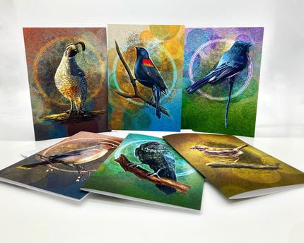 Set of greeting cards with bird illustrations on a white background
