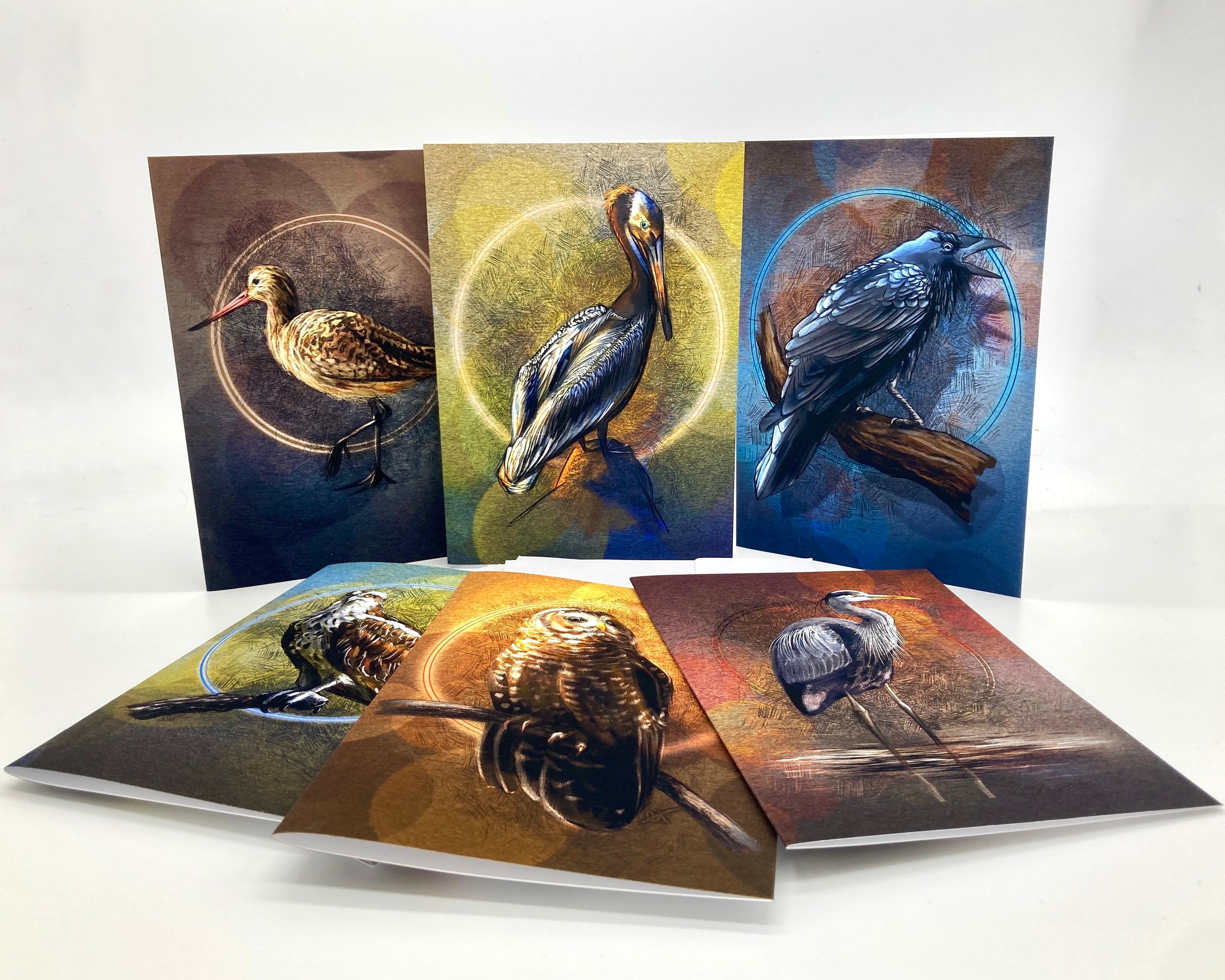 Set of greeting cards with bird illustrations on a white background