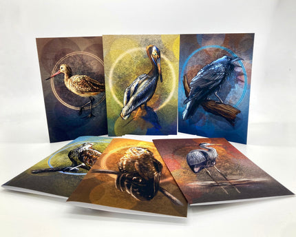 Set of greeting cards with bird illustrations on a white background