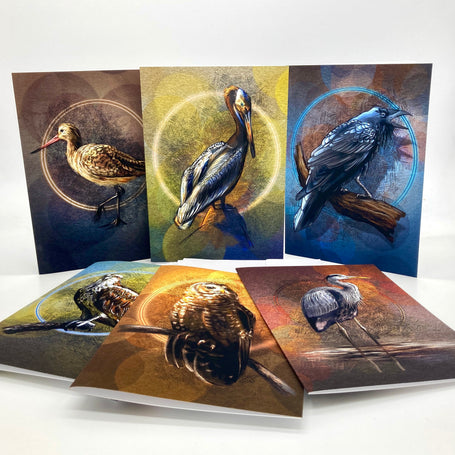 Set of greeting cards with bird illustrations on a white background