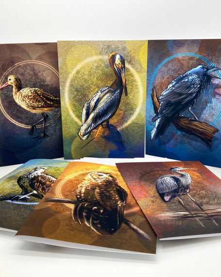 Set of greeting cards with bird illustrations on a white background