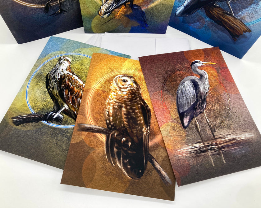 Set of greeting cards with bird illustrations on a white surface