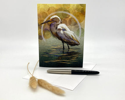Greeting card with a egret design on a white background