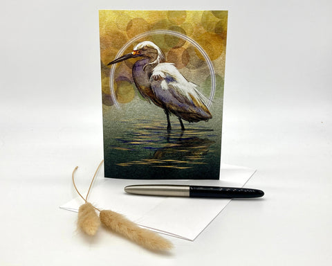 Greeting card with a egret design on a white background