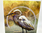 Artistic depiction of a bird with a circular frame on a textured background